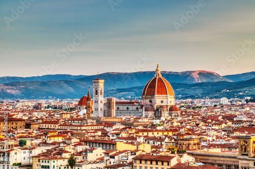 Florence Aerial View at Sunrise over Cathedral of Santa Maria del Fiore with Duomo