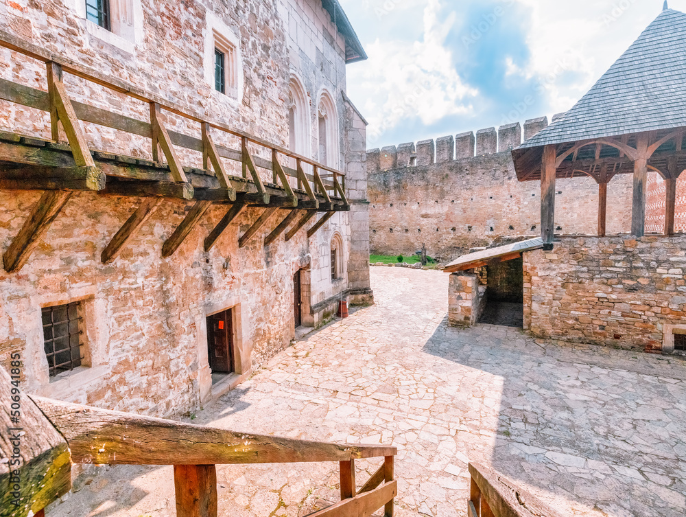 Khotyn fortress on the banks of the Dniester in Ukraine, courtyard inside the fortress. Travel, tourism concept