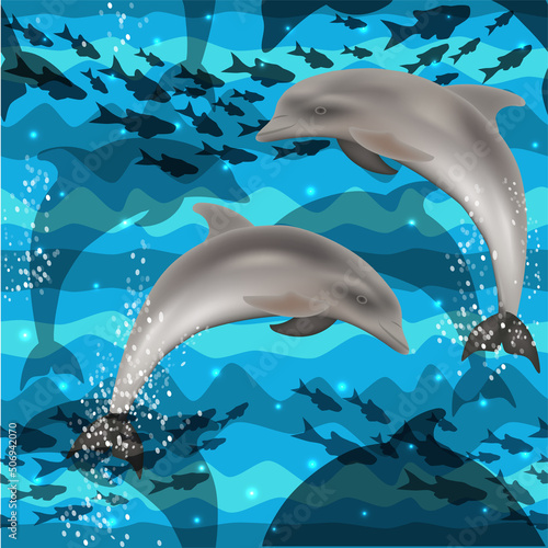 Seamless underwater card with dolphin. vector illustration	