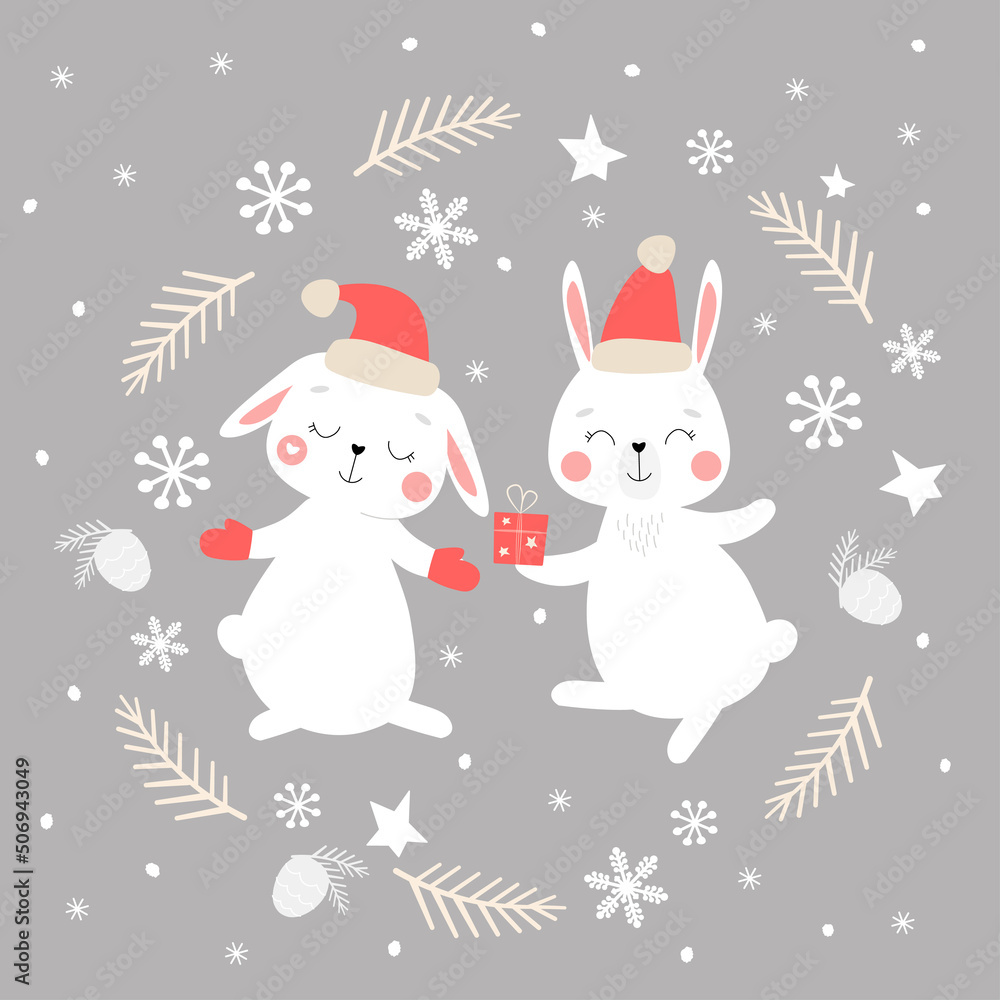 New Year's winter greeting card with cute bunnies who give Christmas gifts on the background of snowflakes, stars, cones. Vector graphics.