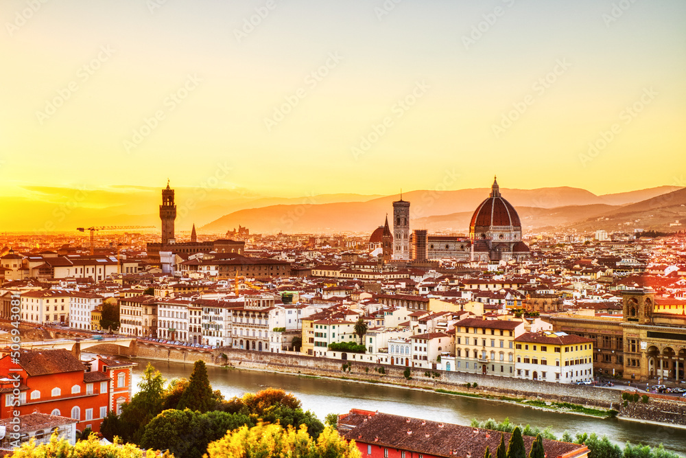 Florence Aerial View at Golden Sunset over Palazzo Vecchio and Cathedral of Santa Maria del Fiore with Duomo