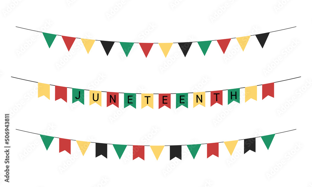 Fototapeta premium Juneteenth party flags isolated. Vector set of Freedom Day garlands and buntings in traditional african colors. Juneteenth triangular and rectangular flags collection