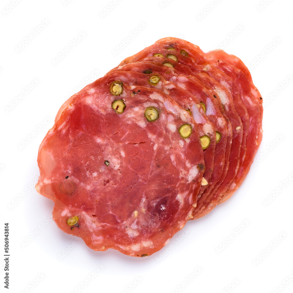 Dried smoked salami sausage slices stack with pepper isolated on white background top view Dried smoked salami sausage slices stack with pepper isolated on white background top view