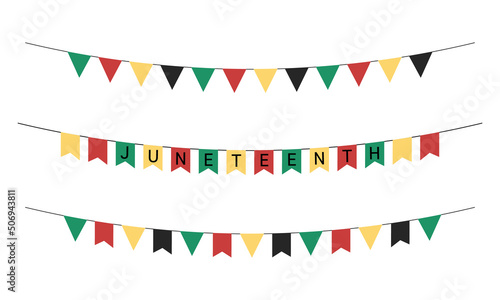 Juneteenth party flags isolated. Vector set of Freedom Day garlands and buntings in traditional african colors. Juneteenth triangular and rectangular flags collection