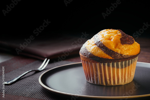 Vanilla Muffin with chocolate marbled in brown paper. close-up