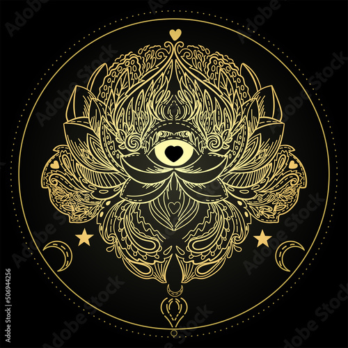 Vector illustration of golden mandala, isolated. Light, peace and spirit concept. Buddhism lotus symbol. Tattoo, spiritual yoga.
