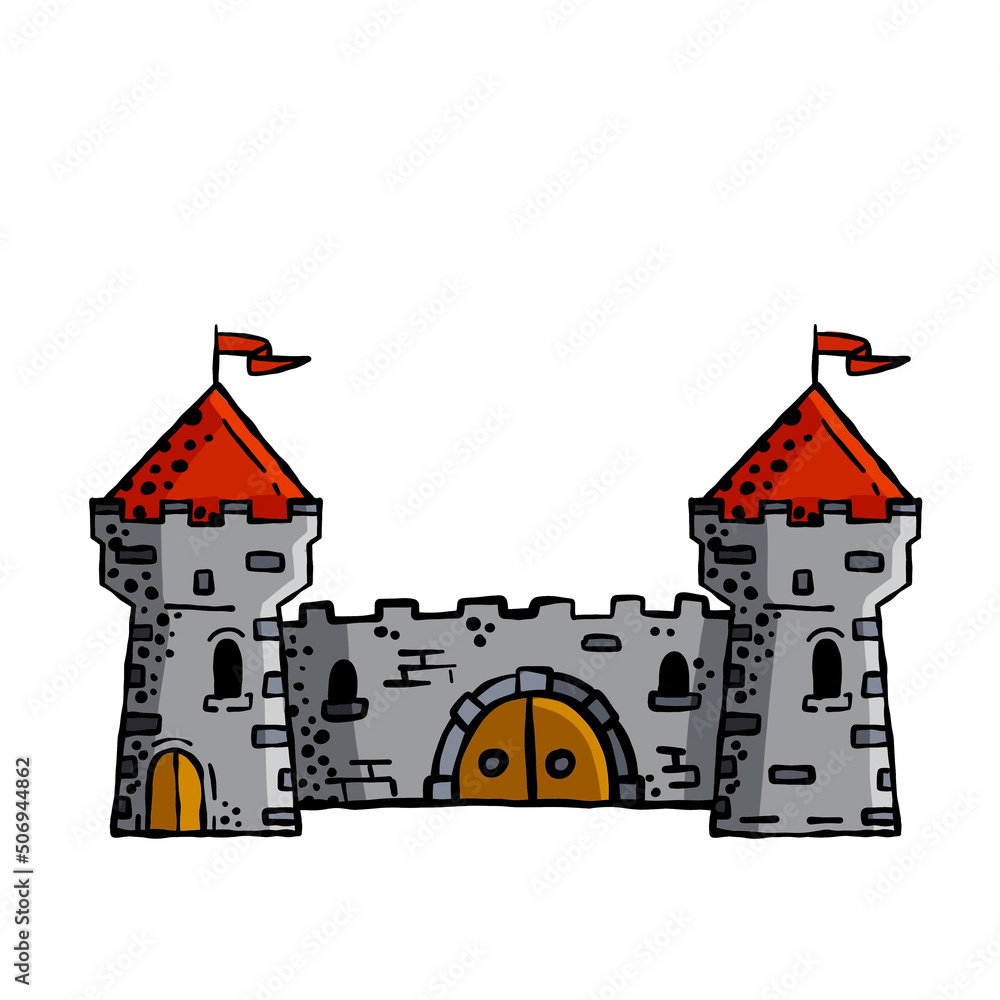 Medieval castle. Stone knight or royal fortress with tower. Military old fort. Sketch outline cartoon town