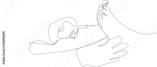 Continuous drawing of one line of doctor injects the patient in the foot area of the sole against hyperhidrosis excessive. Vector illustration
