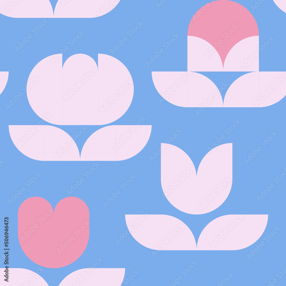 Seamless pattern in blue and light pink colors with flowers in geometric shapes, great for summer atmosphere. Suits as print, wallpaper, background, texture, card or fabric piece.