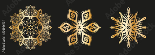 Golden Snowflake set silhouette icon or emblem. Red on white background. Vector holiday illustration for greeting card, decoration, sign, banner, Christmas accessories. Vintage style