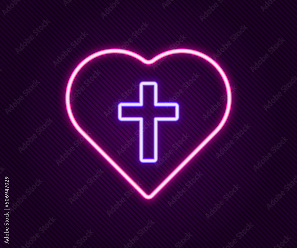 Obraz premium Glowing neon line Christian cross in heart icon isolated on black background. Happy Easter. Colorful outline concept. Vector