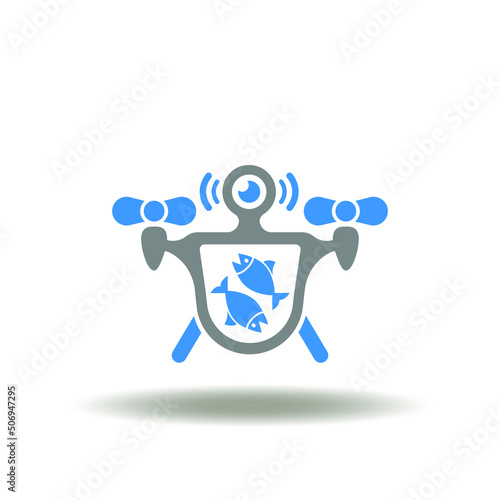 Vector illustration of flying drone with fish product. Icon of food air delivery technology. Symbol of food tech.