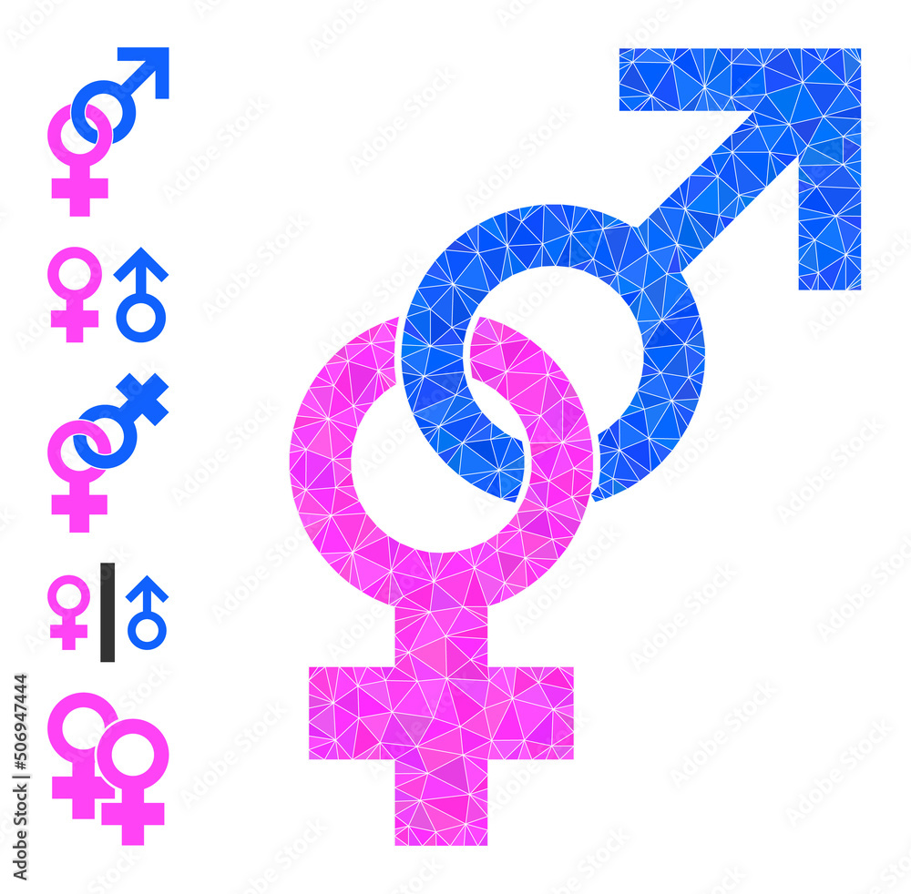 Vector lowpoly sex pair sign icon illustration is designed with scattered filled triangles. Triangulated sex pair sign polygonal symbol vector illustration. Vector lowpoly sex pair sign icon illustration is designed with scattered filled triangles. Triangulated sex pair sign polygonal symbol vector illustration.