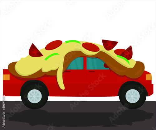 A red car transporting hot tasty pizza. This illustration can be useful for pizza making companies and pizzerias. Vector illustration, isolated.