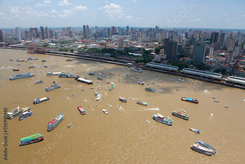 Boats at Guajará Bay, taking part in Círio Fluvial, part of Círio de Nazaré, the largest Marian procession of the world, which happens every October in Belém, Pará, Amazon, Brazil. October, 2009.