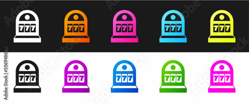 Set Slot machine with lucky sevens jackpot icon isolated on black and white background. Vector