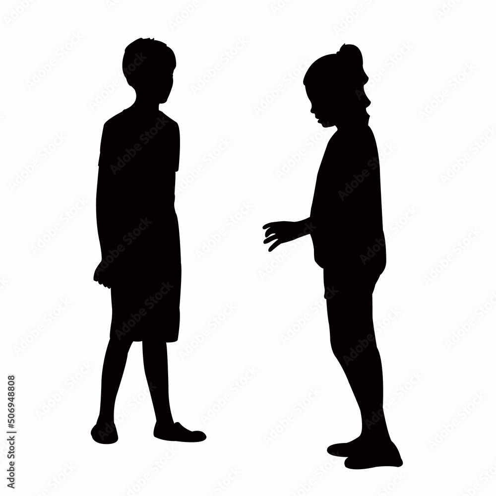 a girl and boy playing together, silhouette vector