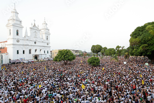Crowd of people gathered in front of Sé Cathedral for the festivity of Círio de Nazaré, the largest Marian procession of the world, which happens every October in Belém, Pará, Amazon, Brazil. 2011. photo