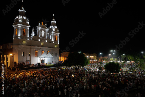 Crowd of people gathered in front of Sé Cathedral for the festivity of Círio de Nazaré, the largest Marian procession of the world, which happens every October in Belém, Pará, Amazon, Brazil. 2011. photo