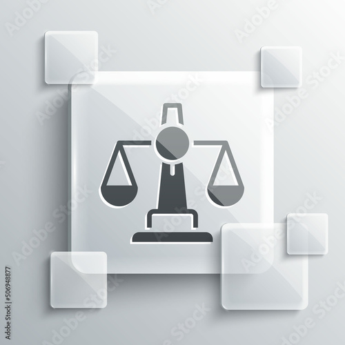 Grey Scales of justice icon isolated on grey background. Court of law symbol. Balance scale sign. Square glass panels. Vector