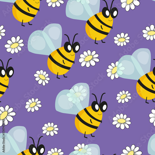 Seamless pattern with bees on floral background. Small wasp. Vector illustration. Adorable cartoon character. Template design for invitation  cards  textile  fabric. Doodle style