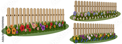 Garden fence set with climbing plants, flowers, greenery. Vector illustration