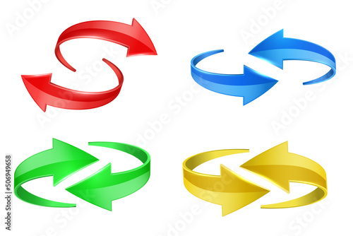 Realistic 3D colorful glossy arrows are moving towards.