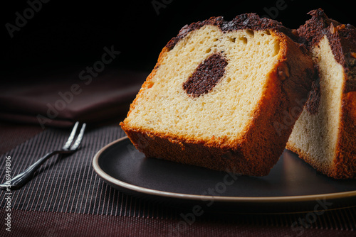 Homemade chocolate marble cake. Chocolate vanilla pancake. Sweet pastries. Copy space
