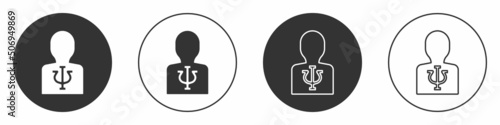 Black Psychology icon isolated on white background. Psi symbol. Mental health concept, psychoanalysis analysis and psychotherapy. Circle button. Vector