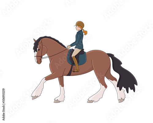Beautiful horsewoman rides a shire horse