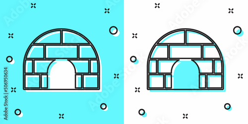 Black line Igloo ice house icon isolated on green and white background. Snow home, Eskimo dome-shaped hut winter shelter, made of blocks. Random dynamic shapes. Vector