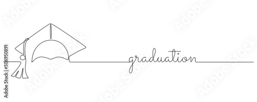 One continuous line drawing of graduation cap. Studying thin symbol or logo in simple linear style. Monoline concept of student of university and college. Editable stroke. Doodle vector illustration