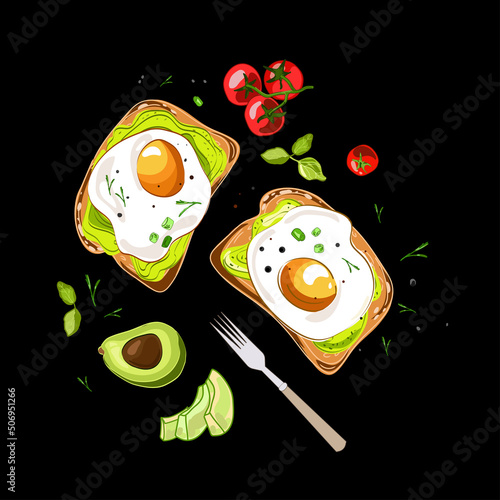 Avocado puree toast and fried eggs on a dark background with tomatoes spices and herbs vector food,cartoon realistic drawing.Top view of healthy avocado toast for breakfast or lunch with rye bread.