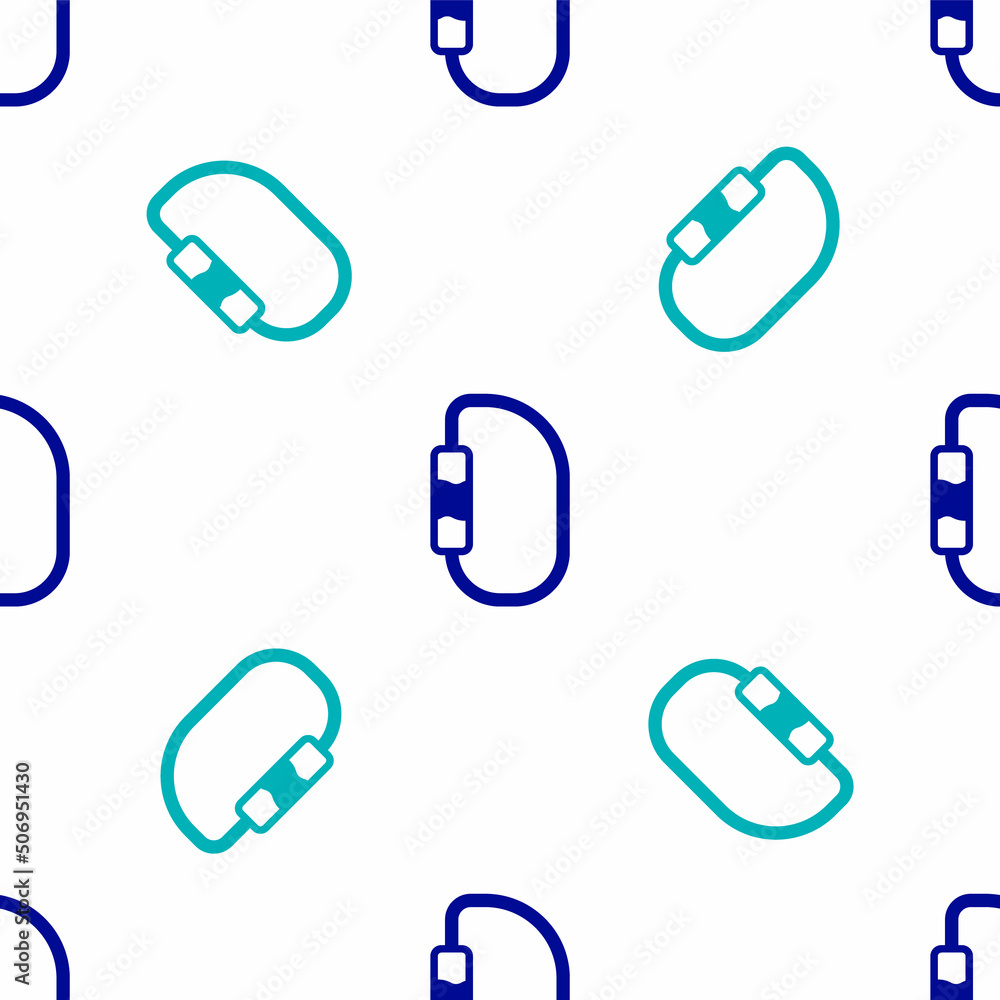 Blue Carabiner icon isolated seamless pattern on white background. Extreme sport. Sport equipment. Vector Blue Carabiner icon isolated seamless pattern on white background. Extreme sport. Sport equipment. Vector