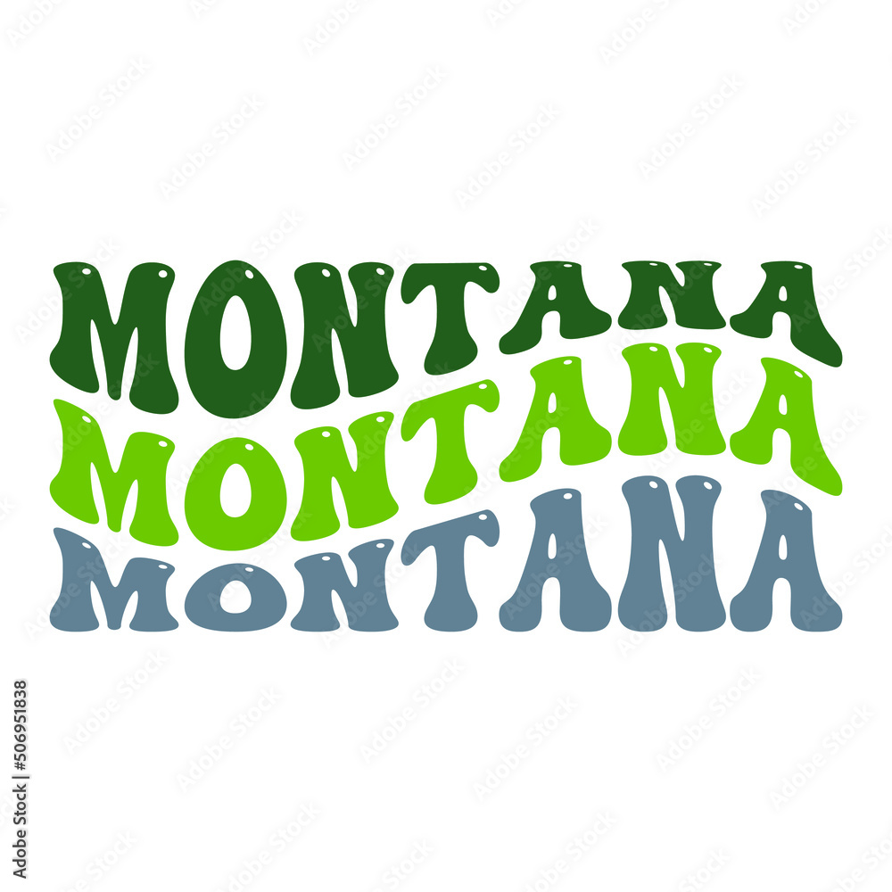 Wavy Montana, USA Lettering Design. Retro Waves Illustration Vector Design. Hippie Clip art Stacked Text Boho.