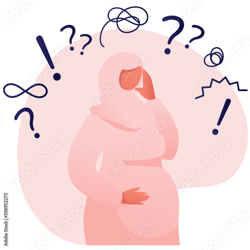 Worried muslim pregnant woman in traditional clothes is worried about pregnancy. Concept of problem solving and decision making, importance of pregnancy and maternity assistance. Vector illustration. 