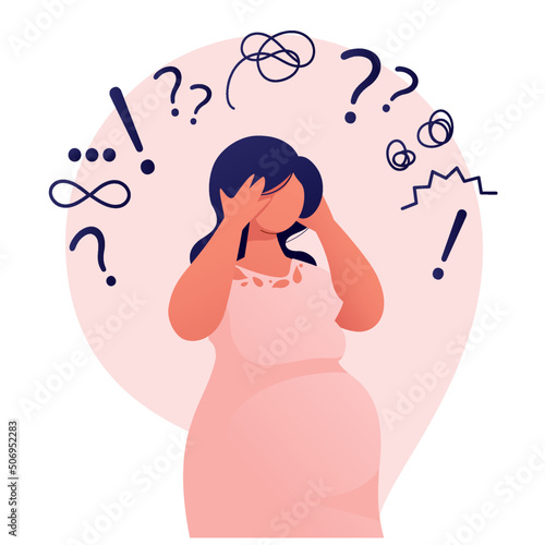 Worried pregnant woman has questions, doubts, thoughts. Concept of pregnancy assistance, medical help and consultation. Flat vector illustration. 