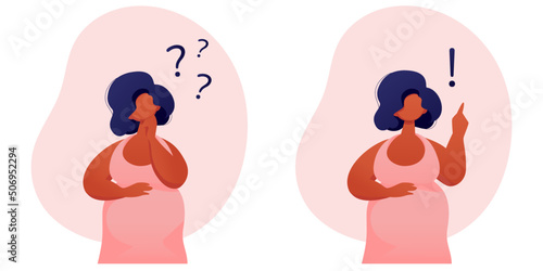 Cute pregnant woman is thinking and making decision. Concept of having thoughts, questions, problem solving. Vector illustration. 