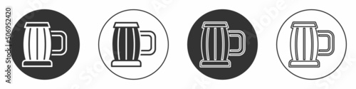 Black Wooden beer mug icon isolated on white background. Circle button. Vector
