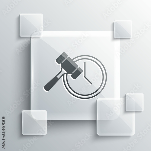 Grey Auction hammer icon isolated on grey background. Gavel - hammer of judge or auctioneer. Bidding process, deal done. Auction bidding. Square glass panels. Vector