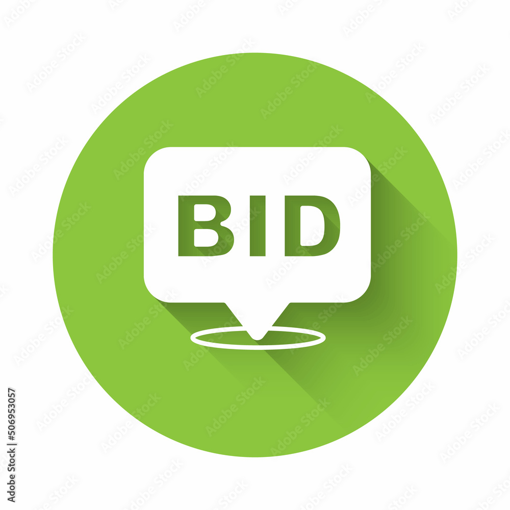 White Bid icon isolated with long shadow background. Auction bidding. Sale and buyers. Green circle button. Vector White Bid icon isolated with long shadow background. Auction bidding. Sale and buyers. Green circle button. Vector