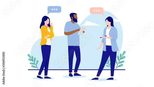 People working together - Small diverse group of businesspeople in casual clothing standing up and having a meeting. Flat design vector illustration with white background