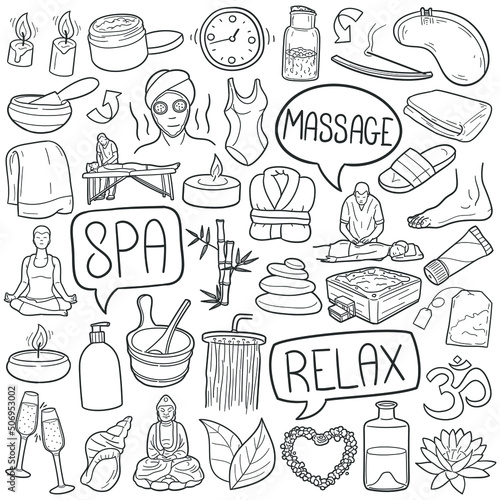 Spa and Wellness E Doodle Icons. Hand Made Line Art. Relax Clipart Logotype Symbol Design.