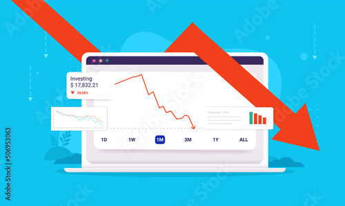 Investing loss - Computer screen showing investment losing money and price going down. Vector illustration