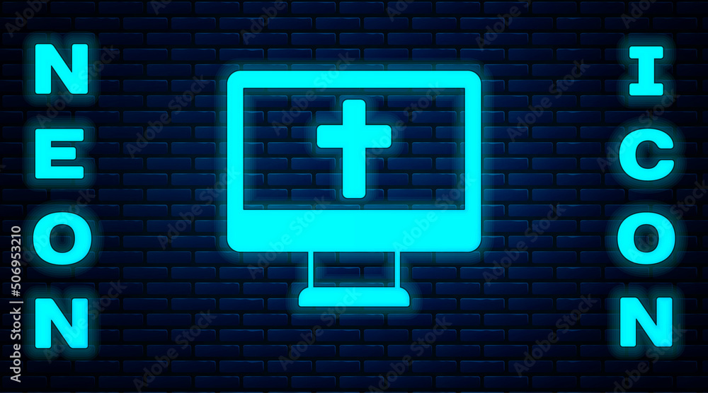 Glowing neon Christian cross on monitor icon isolated on brick wall background. Church cross. Vector Glowing neon Christian cross on monitor icon isolated on brick wall background. Church cross. Vector
