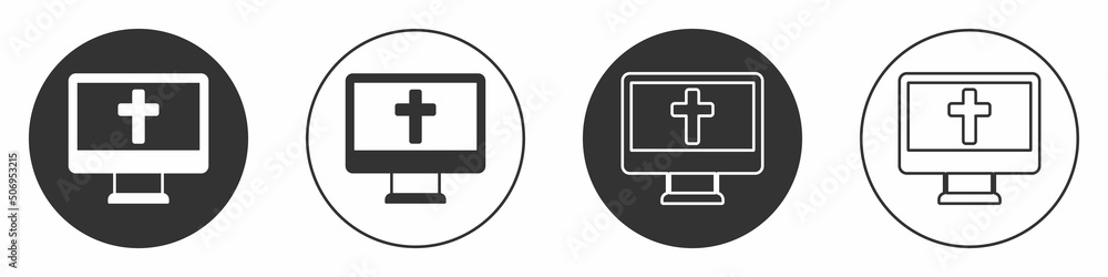 Black Christian cross on monitor icon isolated on white background. Church cross. Circle button. Vector Black Christian cross on monitor icon isolated on white background. Church cross. Circle button. Vector