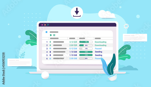 Torrent client on laptop computer screen downloading files from internet. Semi flat vector illustration with blue background