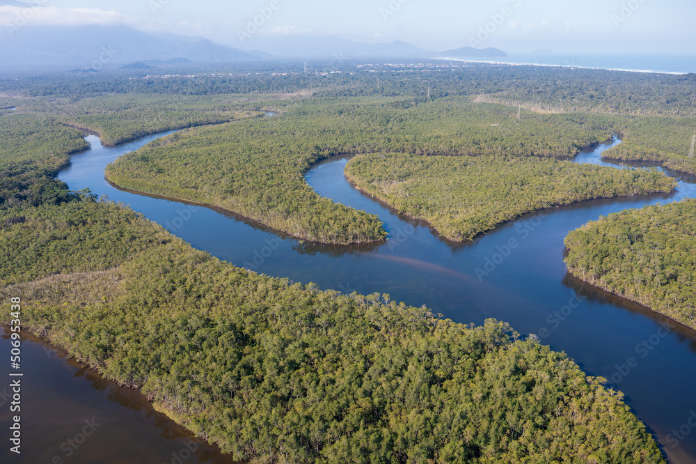 vista aérea da floresta tropical incluindo um rio e montanhas 
