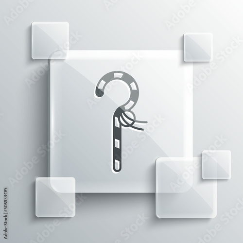 Grey Crook icon isolated on grey background. Ancient Egypt symbol. Scepters of egypt. Square glass panels. Vector