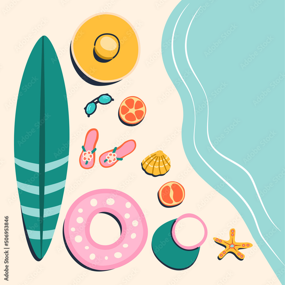Summer collection, surfboard, hat, glasses, sun visor, slippers. Summer background for a poster or sale advertisement.